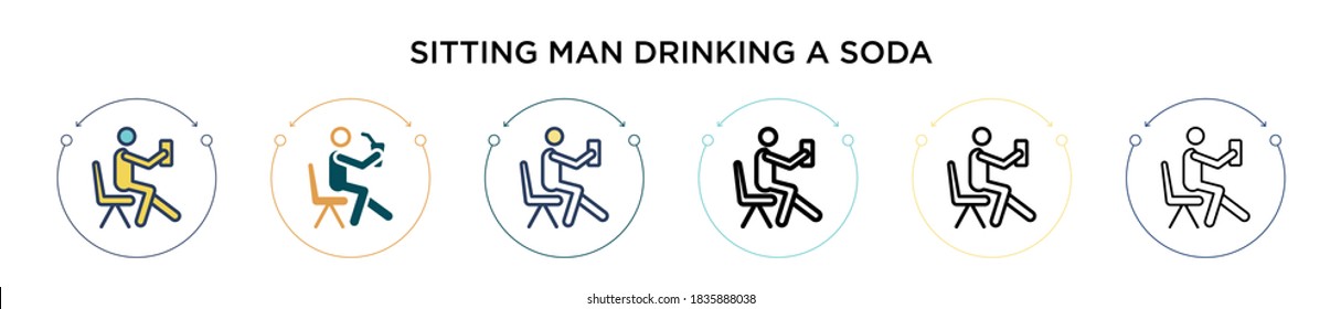 Sitting Mann trinken ein Soda Symbol in gefüllt, dünne Linie, Umriss und Strich Stil. Vektorgrafik von zwei farbigen und schwarzen Sitzern, die Soda-Vektorsymbole verwenden, kann für mobile, 