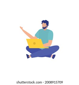 Sitting Man sujetando la ilustración plana de un portátil, simple iluminación plana