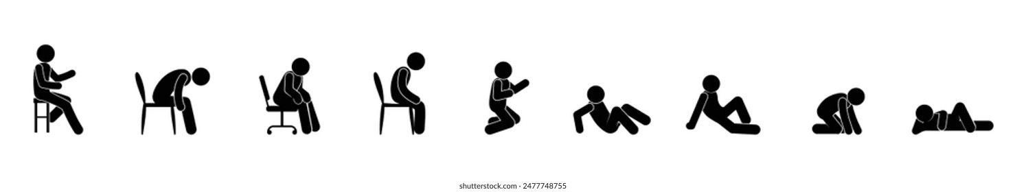 sitting man, icon set, stick figure, sitting people, stickman isolated silhouettes