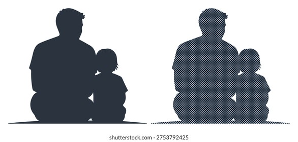 Sitting man with little kid silhouette, parenting concept icon, family bonding set