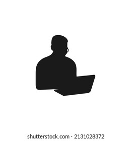 Sitting man looking at laptop or notebook black vector silhouette illustration.