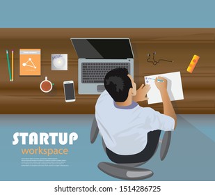 Sitting man makes notes in a notebook from a laptop. Successful businessman working in office. Vector illustration.