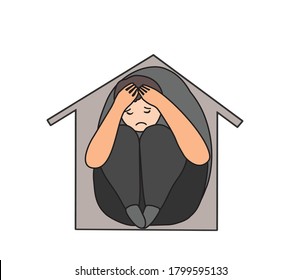 Sitting man in negative emotion, crisis sitting in house. Vector metaphor for psychology stress, depression, mental health   problems