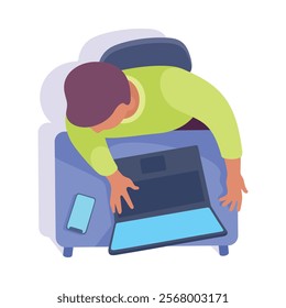 Sitting Man Office Worker on Chair at Table Above View Vector Illustration