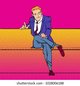 A sitting man with pointing index finger. Man trying to explain something. Man proving facts