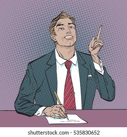 A sitting man with pointing index finger. Man trying to explain something. Man proving  facts. Man explaining something. Businessman giving advice. Concept idea of advertisement. Halftone background.