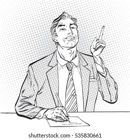 A sitting man with pointing index finger. Man trying to explain something. Man proving  facts. Man explaining something. Businessman giving advice. Concept idea of advertisement. Halftone background.