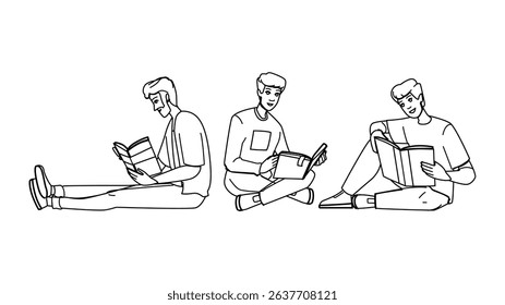 sitting man reading book floor vector. handsome home, leisure indoors, happy young sitting man reading book floor character. people black line pencil drawing illustration