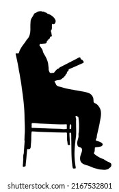 Sitting man reading book vector silhouette, isolated on white background, fill with black color, shadow idea, educated person concept