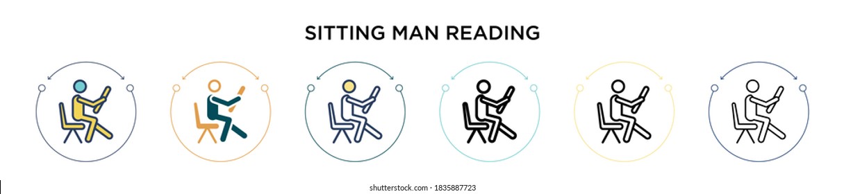 Sitting man reading icon in filled, thin line, outline and stroke style. Vector illustration of two colored and black sitting man reading vector icons designs can be used for mobile, ui, web