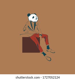 Sitting man in suit with panda head on brown background