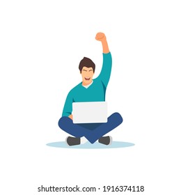 Sitting man watching laptop. Success concept. Guy raising arm and happy. Student online learning. Video conference. Employee working from home. Live stream. Business job activity. Flat illustration.
