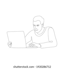 Sentado un hombre trabajando con una laptop en la mesa detrás de él. Trabajador de oficina, empleado, concentrado en el trabajo, dibujo de una línea, pintura en blanco y negro, dibujado a mano. Ilustración vectorial.