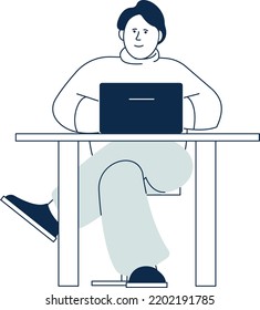 Sitting man working on laptop. Remote workplace concept