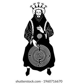 Sitting medieval king with maze or labyrinth symbol holding thread of yarn ball. Black and white silhouette. Creative concept for wisdom and finding solution.