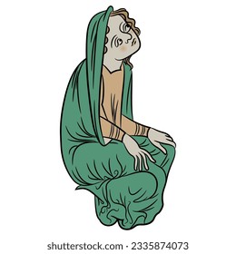 Sitting medieval woman in long veil. Illuminated manuscript motif. Isolated vector illustration.