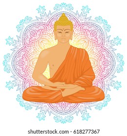 Sitting meditating Buddha in Lotus position on colorful mandala round background. Sign for tattoo, textile print, mascots and amulets.