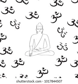 sitting, meditating buddha on the background of the sign of ohm, avatara, meditating yoga, samadhi, parampara ,religious ritual. modern seamless pattern. Freehand drawing vector.