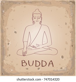 sitting, meditating buddha on the background of aged old paper, prayer  spiritual  practice, samadhi, nirvana. ancient alphabet.  Freehand drawing vector. 

