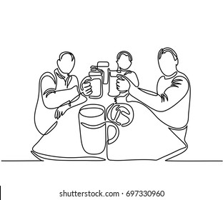 Sitting Men And Drinking Beer In Time Oktoberfest. Continuous Line Drawing. Vector Illustration