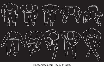 Sitting men, top view, body postures, resting and reclined, plan, different poses, customizable stroke, vector