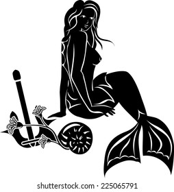 Sitting mermaid with long hair, black stencil