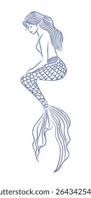 Sitting mermaid vector. Doodle of woman with fish tail, sea mermaid. Texture of pencil, chalk. Vector isolated element