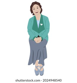 Sitting middle age woman with folded hands wearing a skirt and a green jacket. Female portrait. Cartoon style.