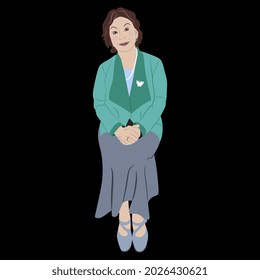 Sitting Middle Age Woman With Folded Hands Wearing A Skirt And A Green Jacket. Female Portrait. Cartoon Style. On Black Background.