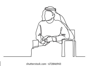 sentado homem árabe do Oriente Médio em keffiyeh - desenho de linha única - desenho de linha única