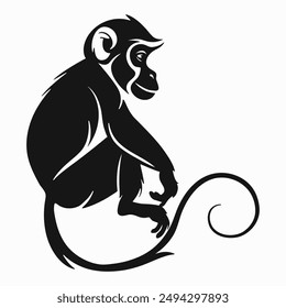 Sitting monkey black silhouette with long tail. Vector design element for logo, icon, print.