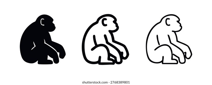Sitting monkey icon set. Primate animal silhouette and outline collection. Jungle wildlife graphic vector illustration.