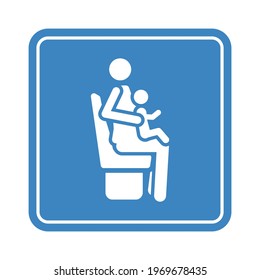 Sitting mother woman with baby on knees, detailed blue icon for public transport isolated on the white background