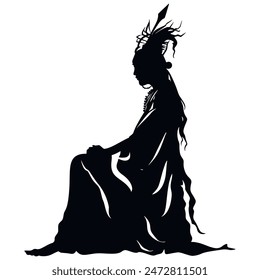 Sitting mystical being silhouette. Black mysterious devil figure with a long flowing robe. Mysthical fantasy being. Isolated elegant creative vector design on white background. Mystical creature.