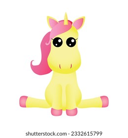 sitting mystical yellow unicorn with pink mane