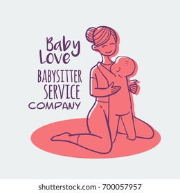 sitting nanny playing with baby, babysitter company logo.