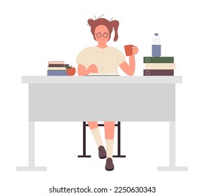 Sitting nerd girl at table. Reading and learning geek teenager at home desk vector illustration