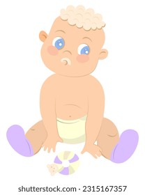 Sitting new born toddler infant with milk on face. Crawling little boy