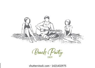 Sitting on beach with friends, young man playing guitar, fun summertime evening activity, chilling on picnic. Summer vacation, guy with two girlfriends concept sketch. Hand drawn vector illustration