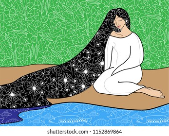 Sitting on the beach girl with long hair, in the image of the zodiac sign Virgo