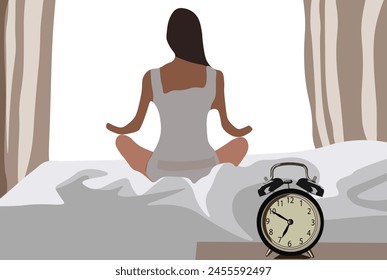 Sitting on the bed while practicing yoga in the room after waking up in the morning