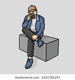 Sentado en la caja esperando amigos patineta aislado en el fondo gris vector ilustraciones modernas