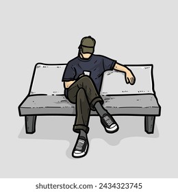 Sitting on the cement chair waiting friends skateboard isolated on grey background vector modern illustrations