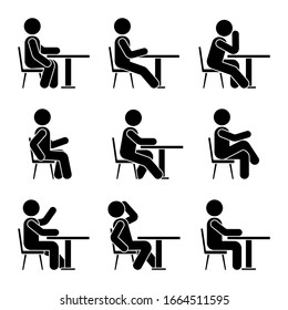 Auf dem Stuhl sitzend am Schreibtisch Strichmännseite Ansicht postuliert Piktogramm Vektorillustration Icon Set. Junge Silhouette sitzt glücklich, gemütlich, traurig, müde Schild auf Weiß