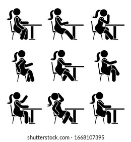 Sitting On Chair At Desk Stick Figure Woman Side View Poses Pictogram Vector Icon Set. Girl Silhouette Seated Happy, Comfy, Sad, Tired Sign On White