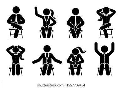 Sitting on chair stick figure business man and woman different poses pictogram vector icon set. Male and female silhouette seated happy, comfy, sad, tired, depressed sign