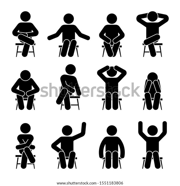 椅子に座った人物が異なるポーズの絵文字のベクター画像アイコンセット 少年のシルエットは幸せに座り 喜び 悲しみ 疲れ 落ち込んだ看板 のベクター画像素材 ロイヤリティフリー