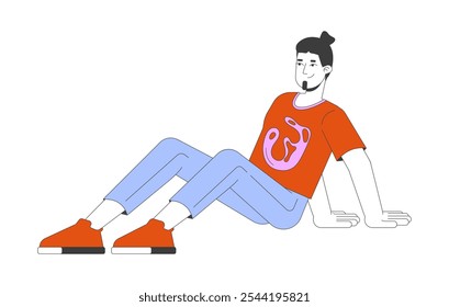 Sentado en el suelo hombre inclinado hacia atrás en las manos personaje de dibujos animados 2D. Chico barbudo en pantalones vaqueros de camiseta. Hombre caucásico en pose relajada persona aislada Vector plano sobre fondo blanco. Ilustración de punto colorido