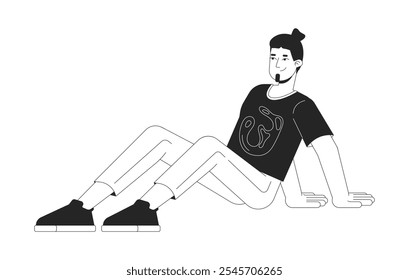 Sentado en el suelo, el hombre se inclina hacia atrás en las manos de color blanco y negro 2D línea de carácter. Pantalones vaqueros de la camiseta del tipo barbudo. Hombre caucásico en pose relajada persona de contorno de Vector aislado. Ilustración de punto monocromático