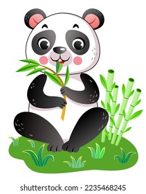 Sitting on the grass cartoon panda eating bamboo sprouts